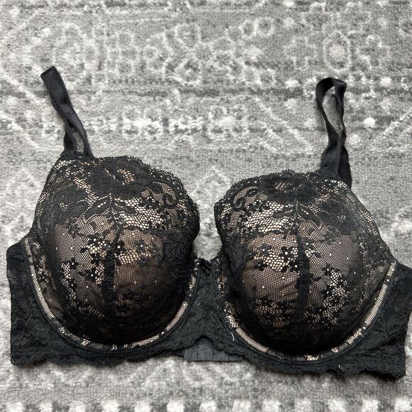 Victoria's Secret Black Lace ANGELS Lined Demi Bra Size 38DD Classic Sexy - Picture 1 of 6